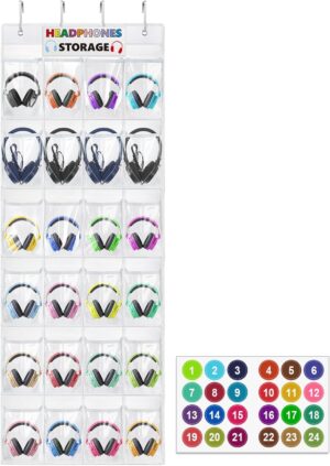 Headphone Storage Classroom Headphone Organizer 24 Pockets PVC Clear Organizer Holder for School Cell Phones Calculators, with Headphone Storage Stickers & Number Stickers
