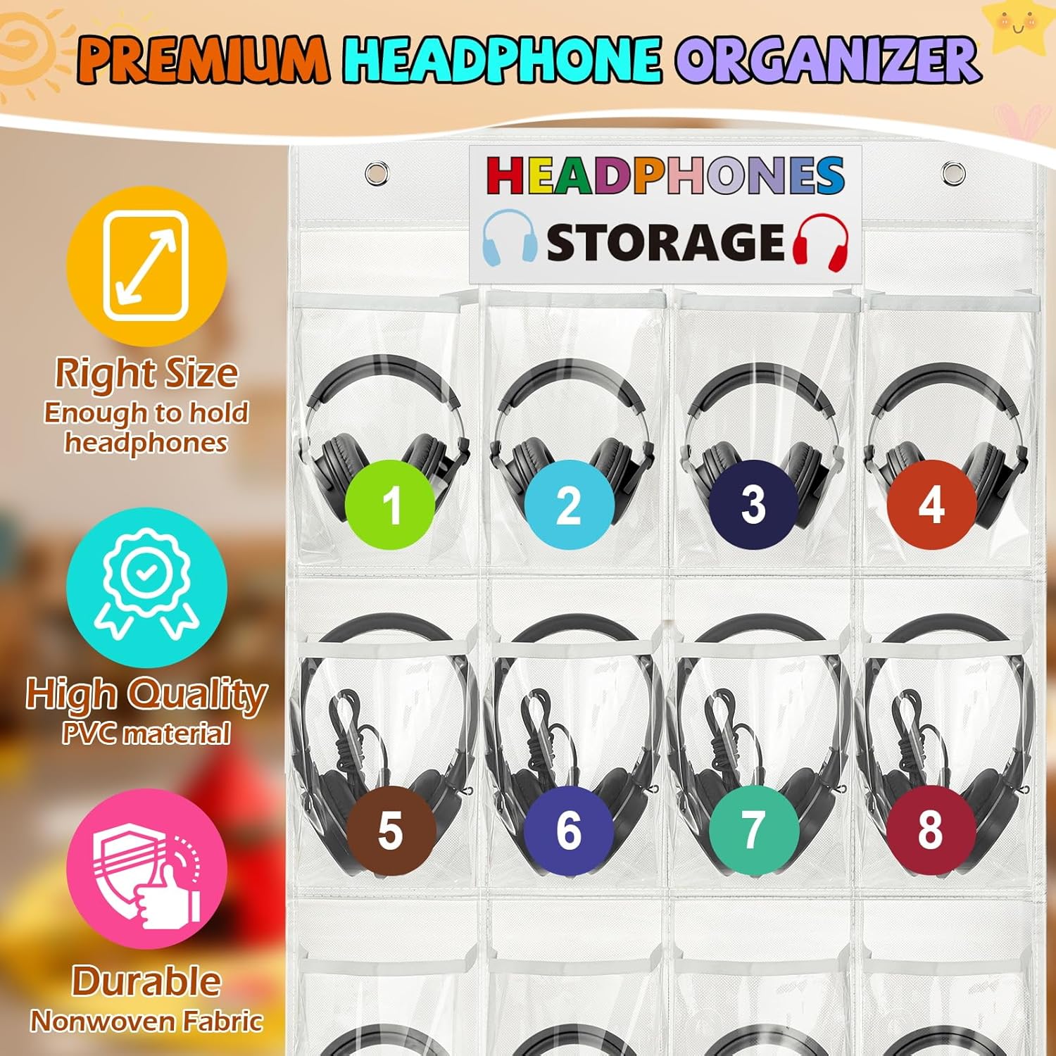 Headphone Storage Classroom Headphone Organizer 24 Pockets PVC Clear Organizer Holder for School Cell Phones Calculators, with Headphone Storage Stickers & Number Stickers - Image 4