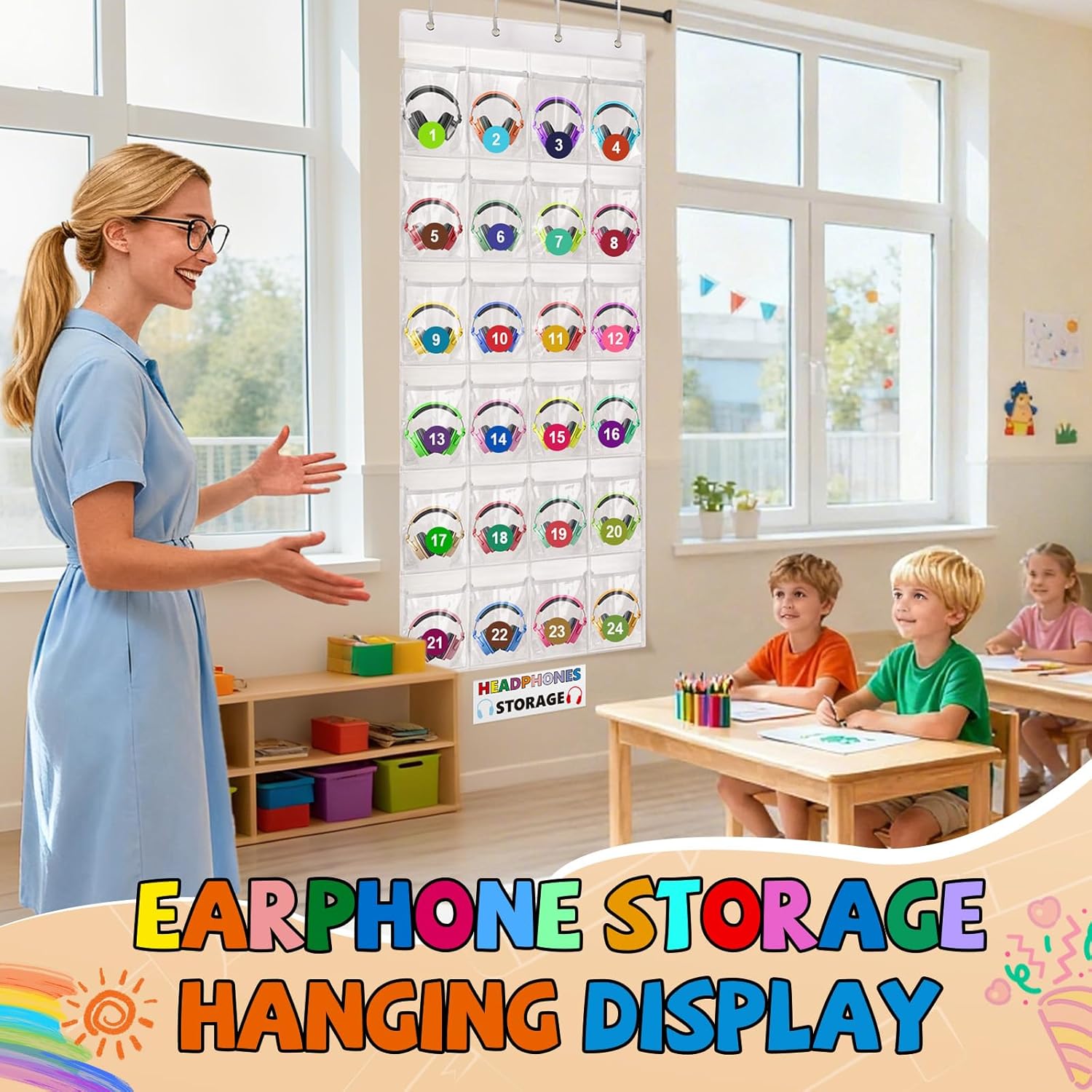 Headphone Storage Classroom Headphone Organizer 24 Pockets PVC Clear Organizer Holder for School Cell Phones Calculators, with Headphone Storage Stickers & Number Stickers - Image 5