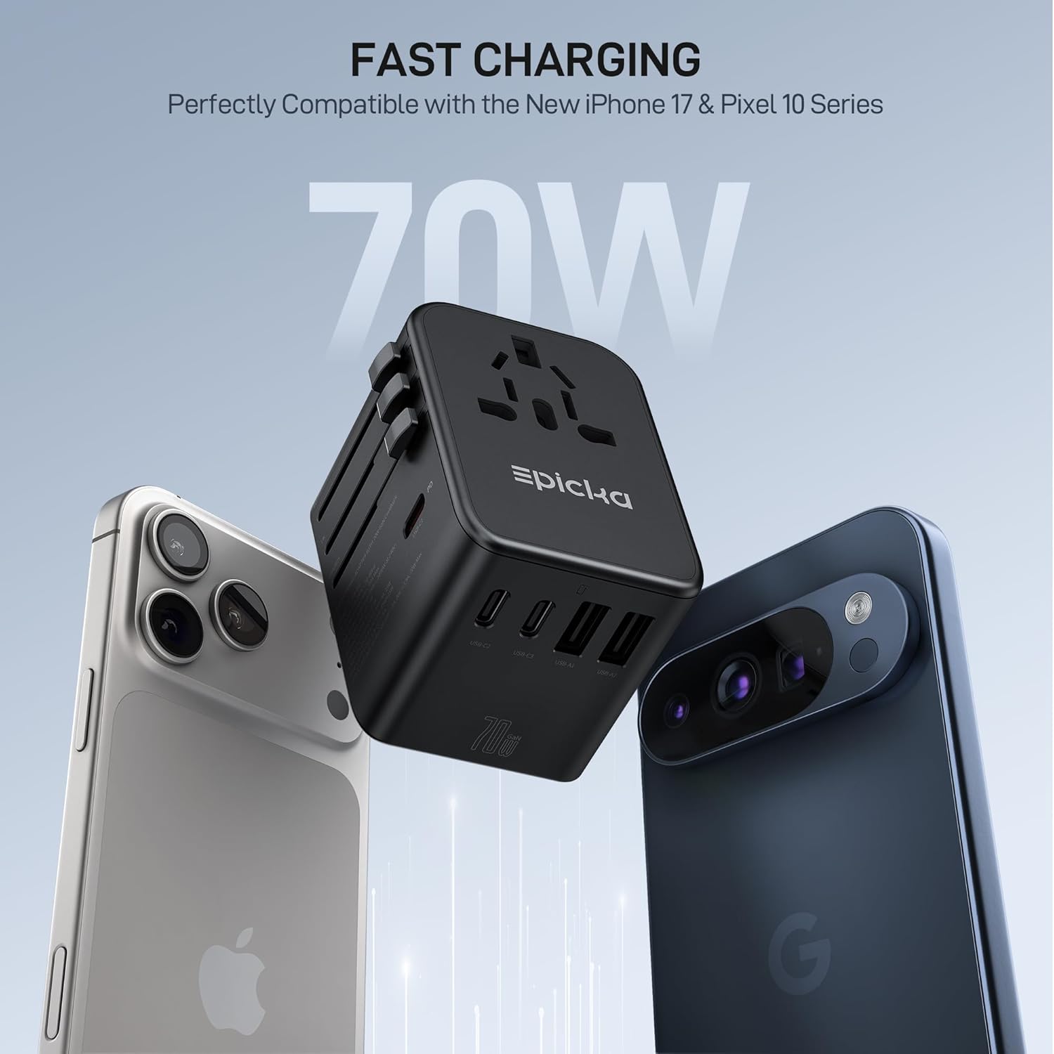 EPICKA Universal Travel Adapter, GaN International Plug Adapter with 3 USB-C 70W PD Fast Charging & 2 USB-A Adaptor All-in-one Wall Charger for USA EU UK AUS (TA-105 Pro, Black) - Image 2