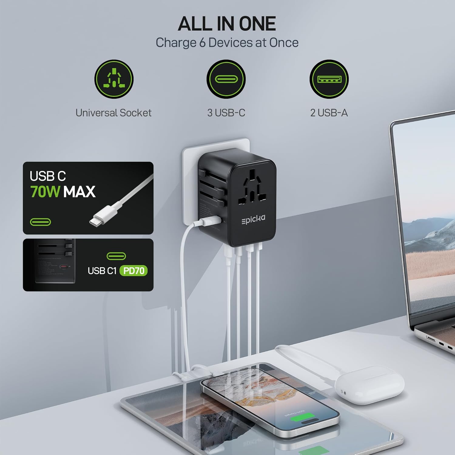 EPICKA Universal Travel Adapter, GaN International Plug Adapter with 3 USB-C 70W PD Fast Charging & 2 USB-A Adaptor All-in-one Wall Charger for USA EU UK AUS (TA-105 Pro, Black) - Image 3