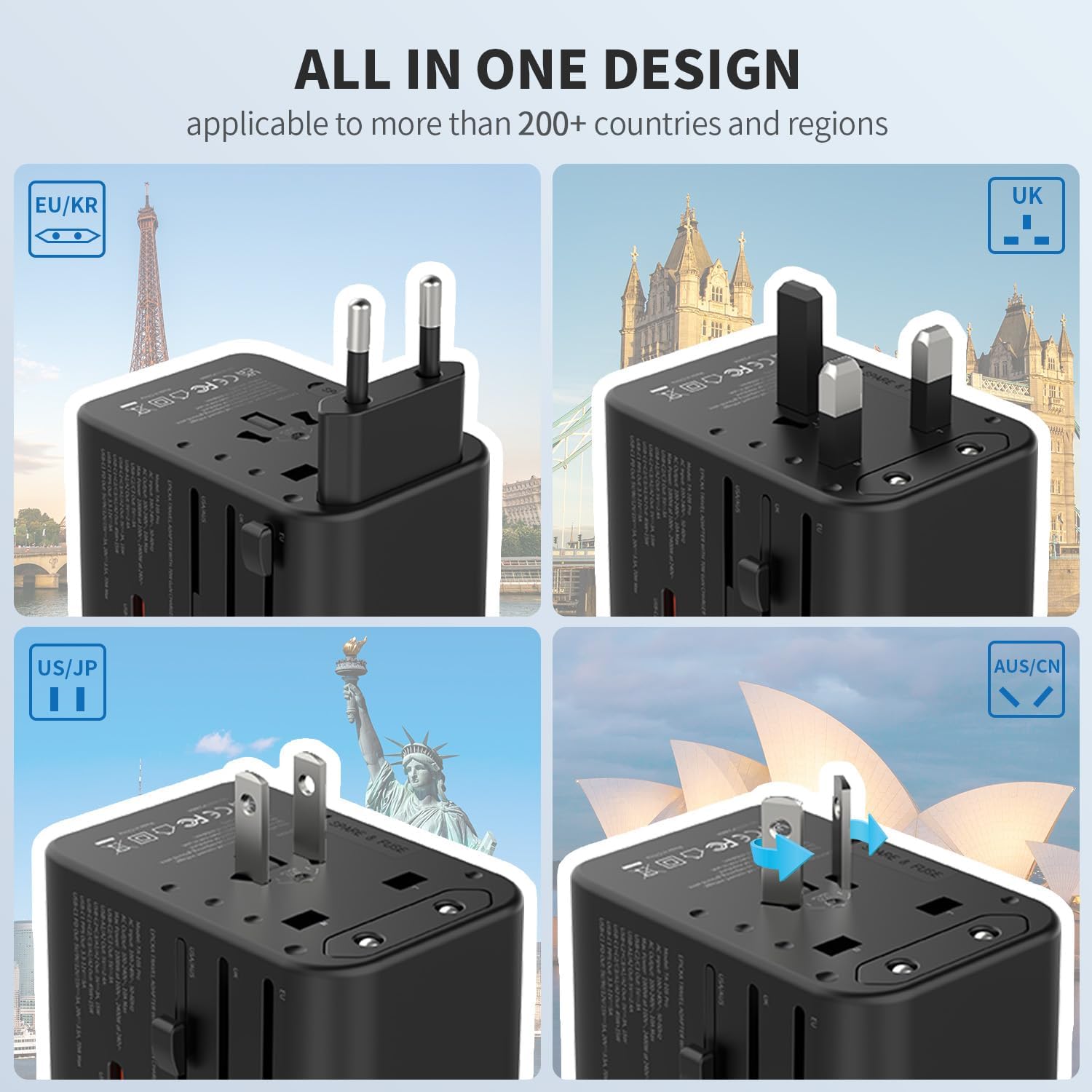 EPICKA Universal Travel Adapter, GaN International Plug Adapter with 3 USB-C 70W PD Fast Charging & 2 USB-A Adaptor All-in-one Wall Charger for USA EU UK AUS (TA-105 Pro, Black) - Image 4