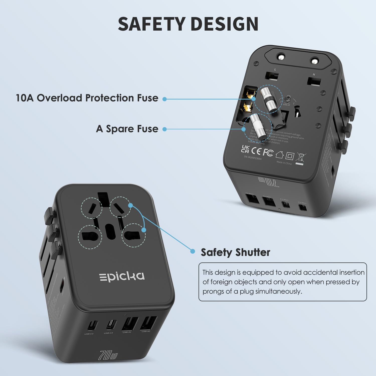 EPICKA Universal Travel Adapter, GaN International Plug Adapter with 3 USB-C 70W PD Fast Charging & 2 USB-A Adaptor All-in-one Wall Charger for USA EU UK AUS (TA-105 Pro, Black) - Image 6