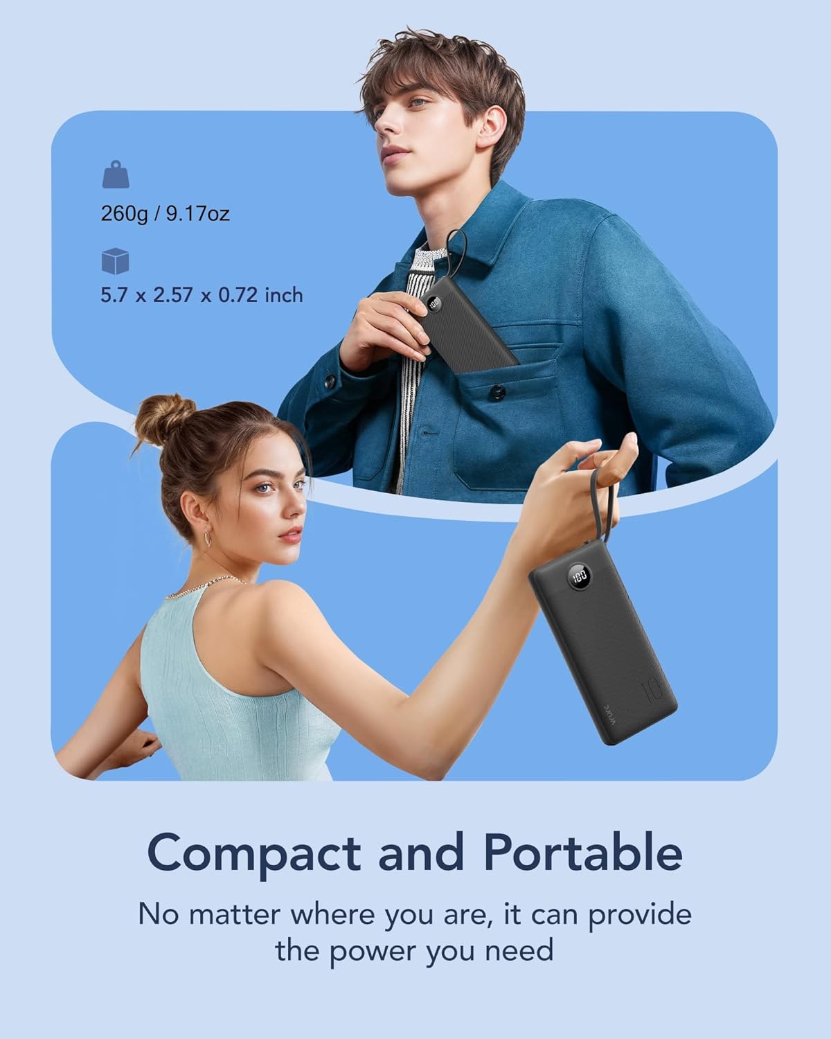 VRURC Portable Charger, Built-in 4 Cables Slim Power Bank 10000mAh, USB C Charging Bank with LED Display, Compact Travel Battery Pack with 5 Outputs for Multi Devices, Android-Black(1 Pack) - Image 7