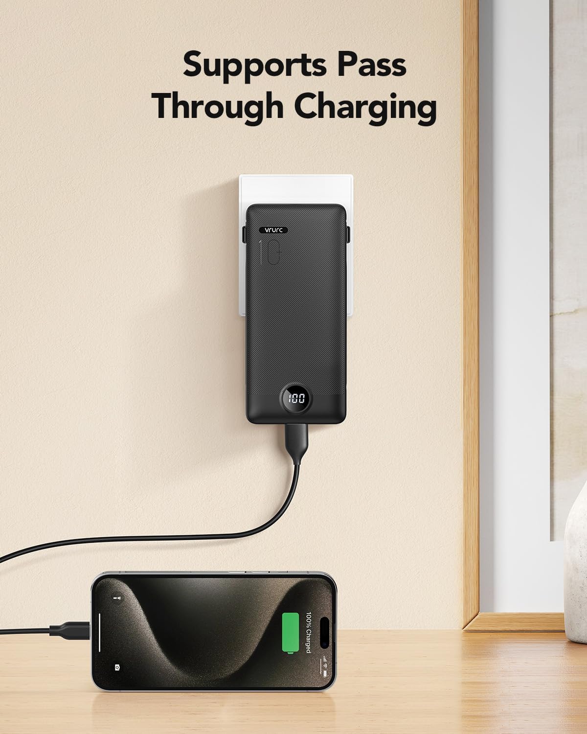 Portable Charger,Power Bank Built-in Cables and AC Wall Plug,VRURC USB C Portable Bank 10000mAh,Travel Essentials Phone Charger Compact Lightweight External Battery Pack for Smart Phones,Tablets-Black - Image 3
