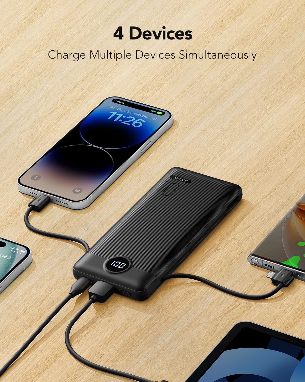 Portable Charger,Power Bank Built-in Cables and AC Wall Plug,VRURC USB C Portable Bank 10000mAh,Travel Essentials Phone Charger Compact Lightweight External Battery Pack for Smart Phones,Tablets-Black - Image 6
